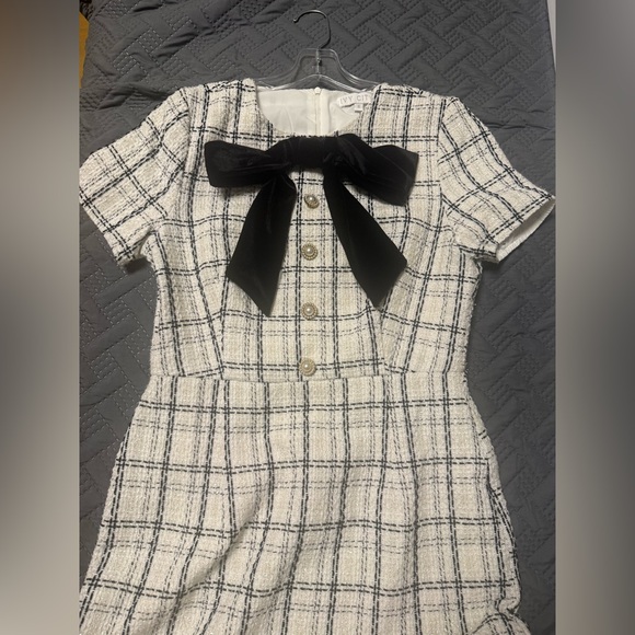Ivy City Co Tweed Midi Dress Black White Bow Modest Feminine Size S - Picture 8 of 13